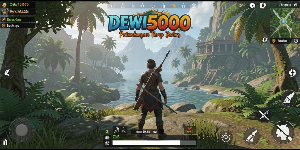 Tampilan gameplay DEWI5000 di dunia terbuka yang luas dan warna-warni.