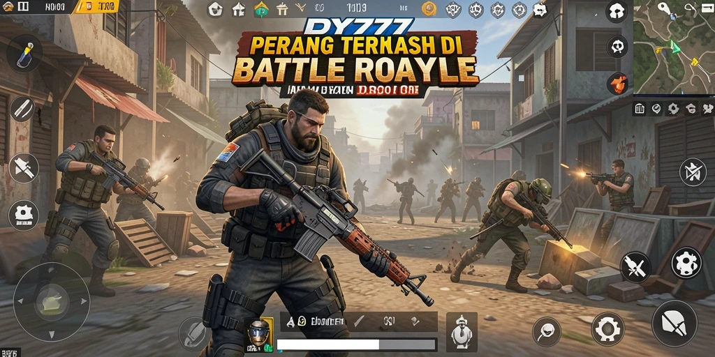 Tampilan gameplay DY777 menampilkan aksi seru di arena Battle Royale.