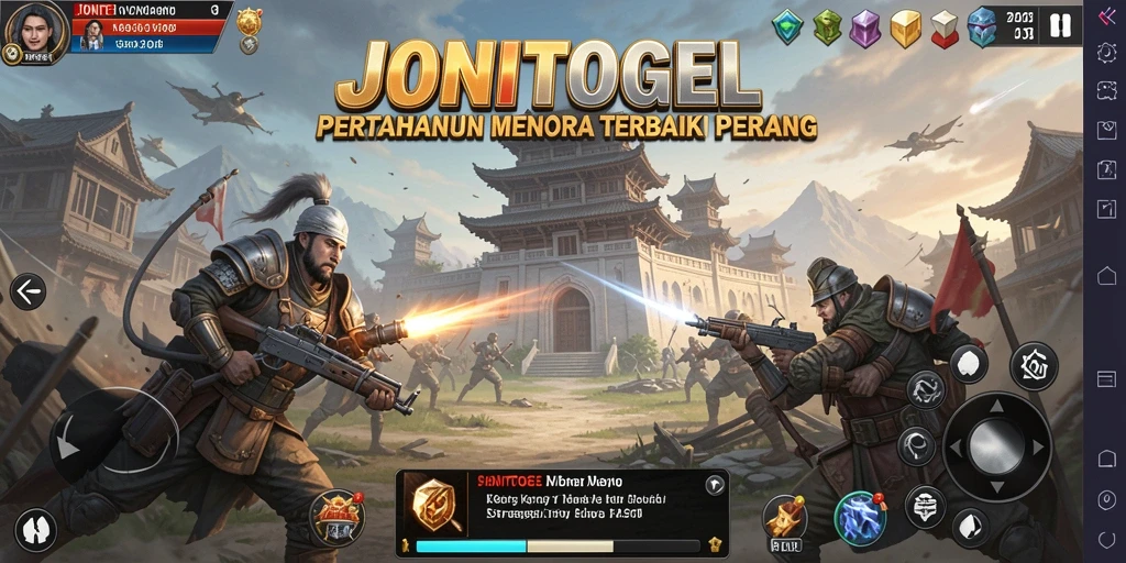 Tampilan gameplay seru JONITOGEL dengan menara pertahanan yang menakjubkan.