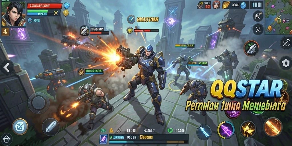 Tangkapan layar gameplay QQSTAR yang menampilkan aksi pertempuran strategi.